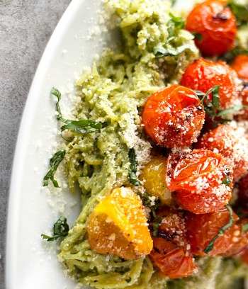 PESTO SPAGHETTI SQUASH WITH ROASTED TOMATOES